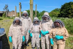 "Ready to Discover the Buzz!"With gloves on and veils secured, these beekeeping enthusiasts are excited to learn and connect with the bees.